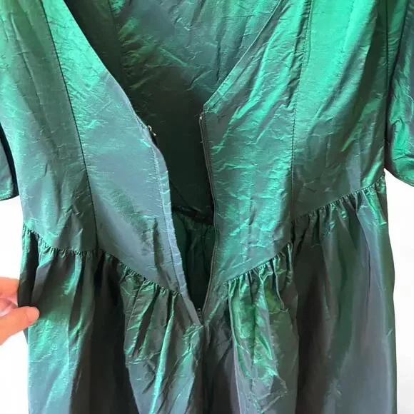 80s Emerald Green Taffeta Dress – Whimsygoth Puff Sleeve Midi S - Picture 6 of 8